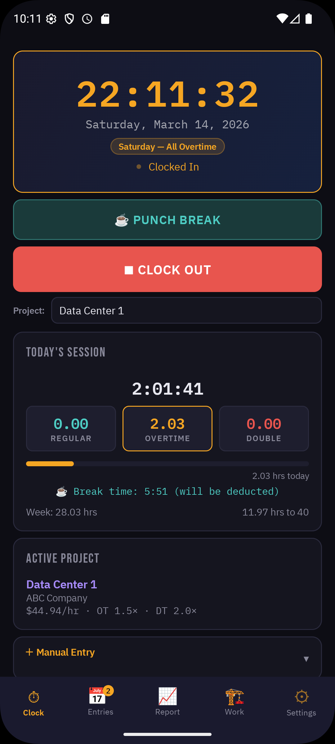 ShiftClock clock-in screen showing live timer, overtime tracking, and active project