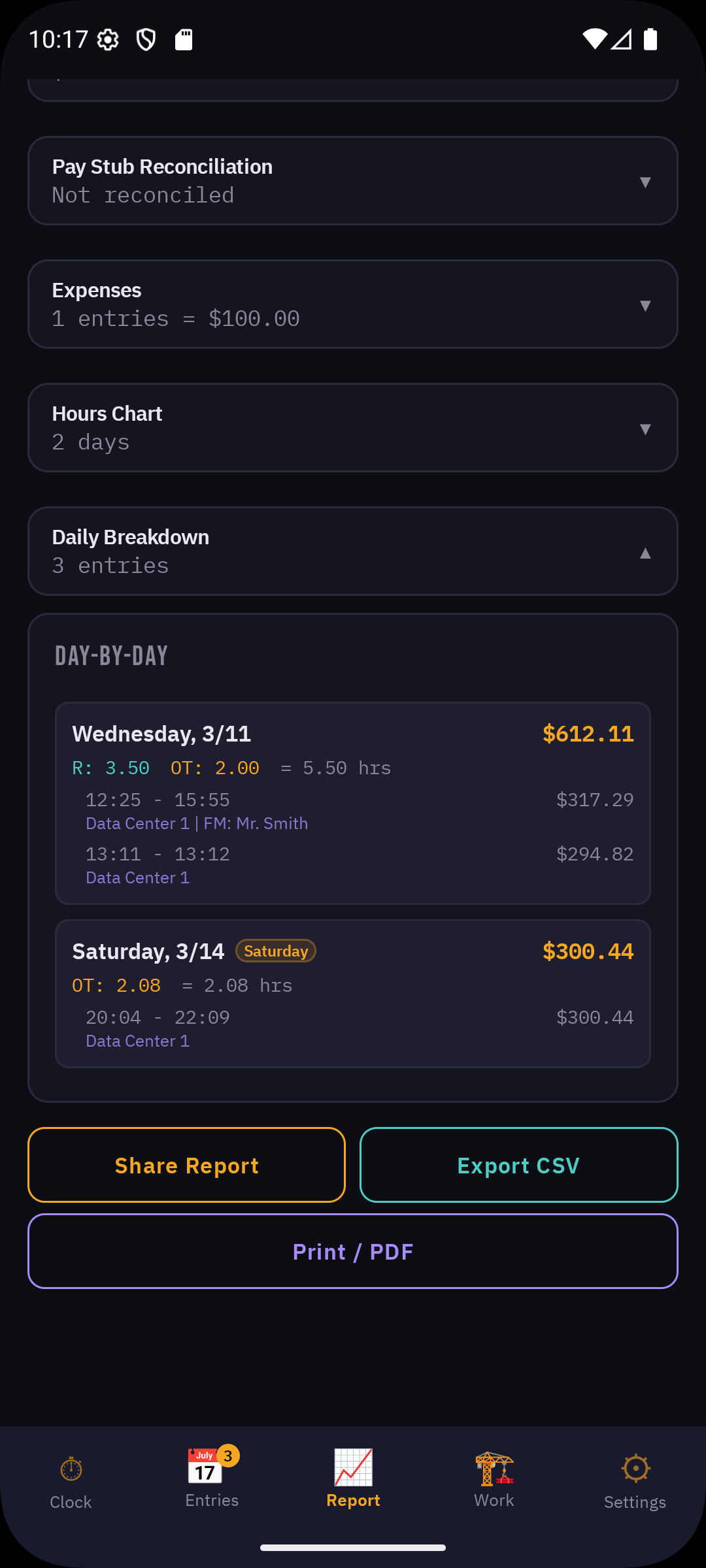 Day-by-day breakdown with project names, foreman, and export buttons