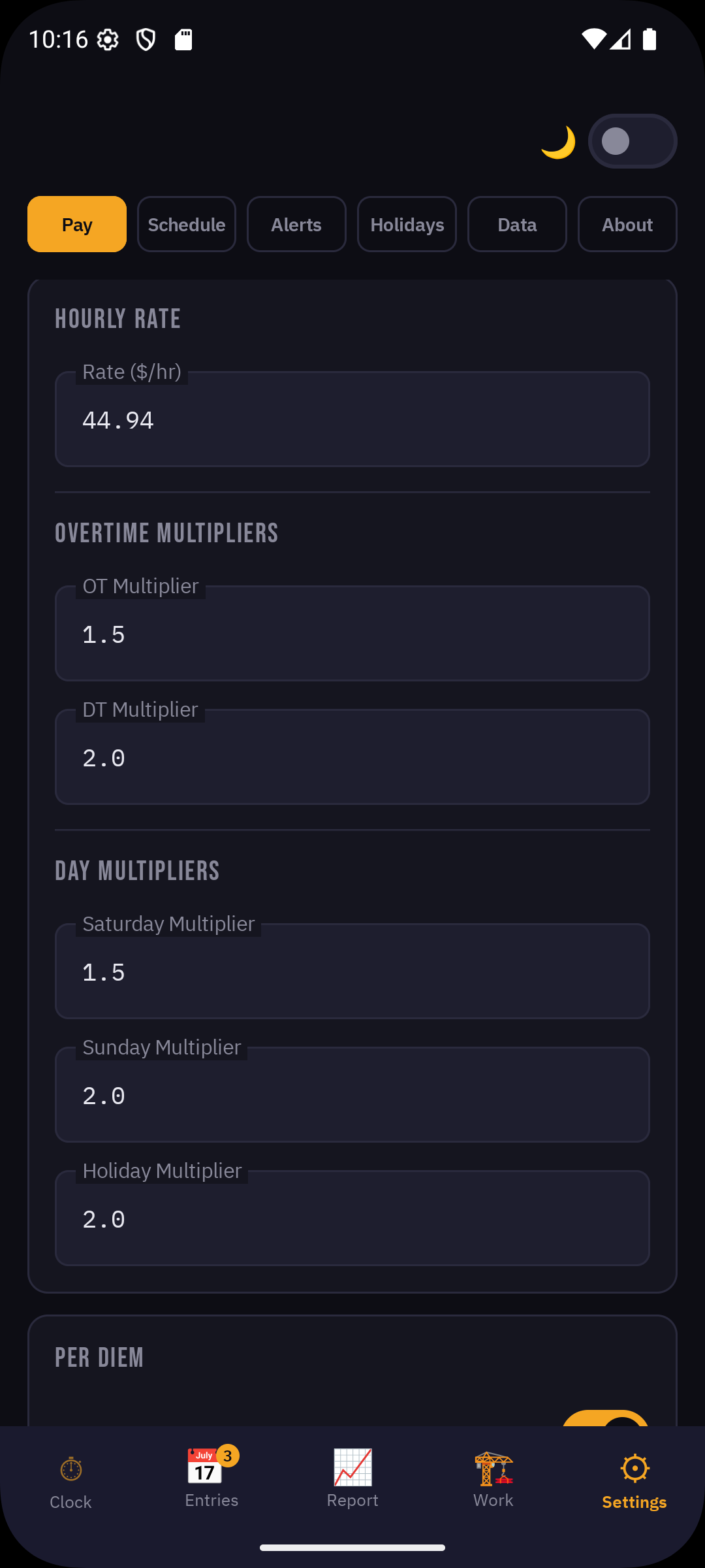 Settings screen with hourly rate, overtime multipliers, day multipliers, and per diem